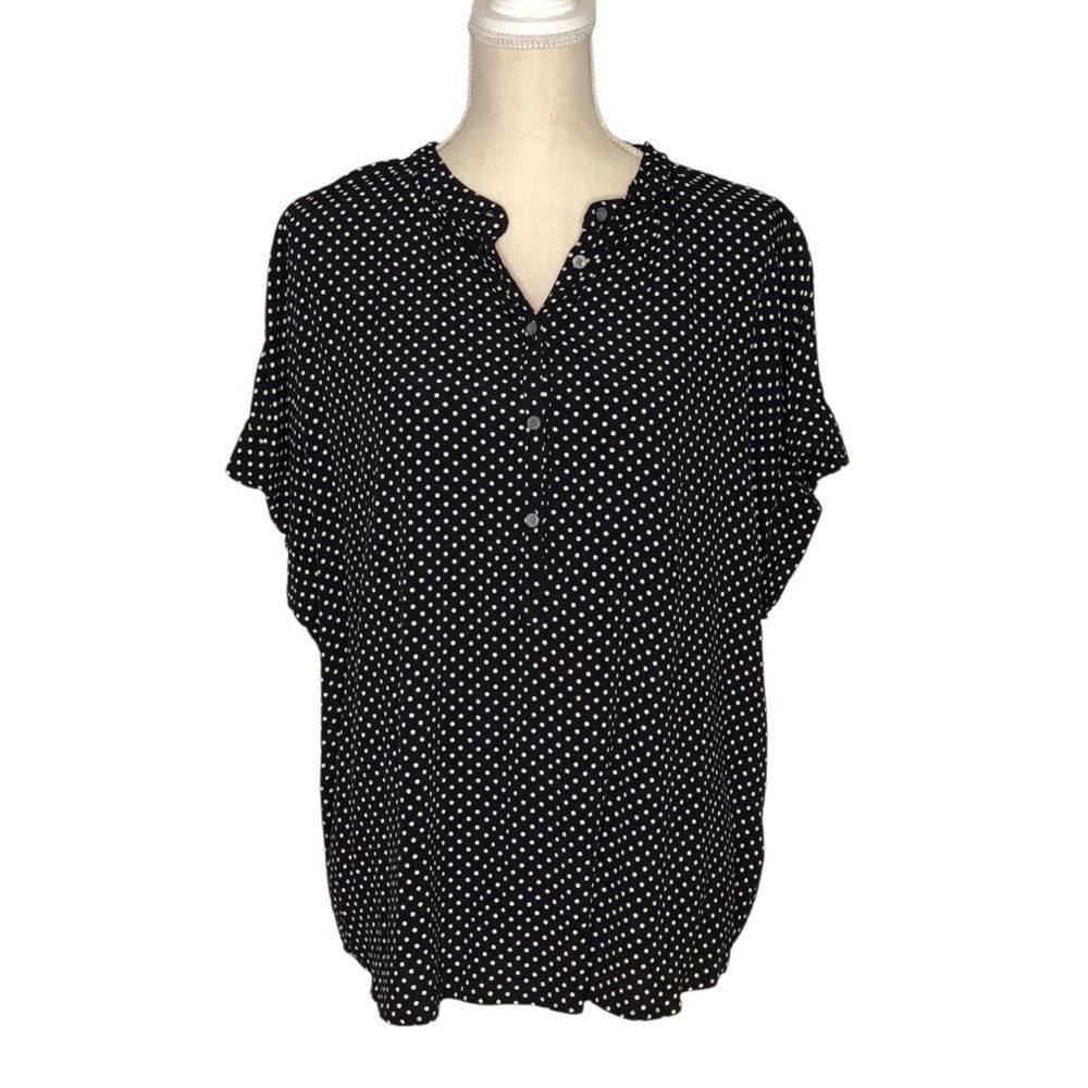 J. Crew Factory Black Polka Dot Split-Neck Blouse